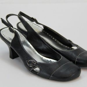 Black Leather Sling Back Kitten Heels - Size 8.5 B